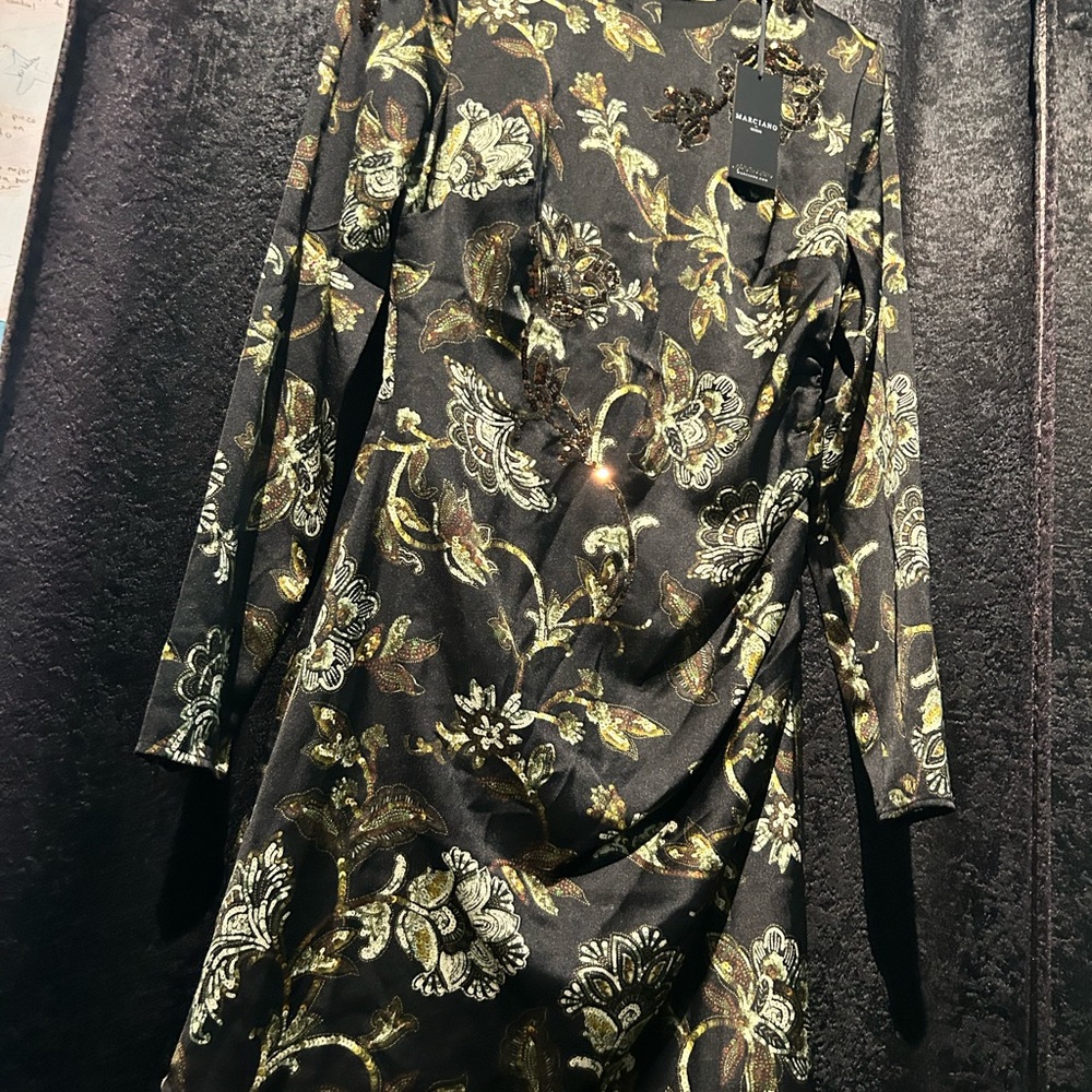 Guess by Marciano Elegant Black and Gold Floral Dress